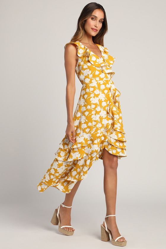Yellow Wrap Dress - Floral Print Dress ...